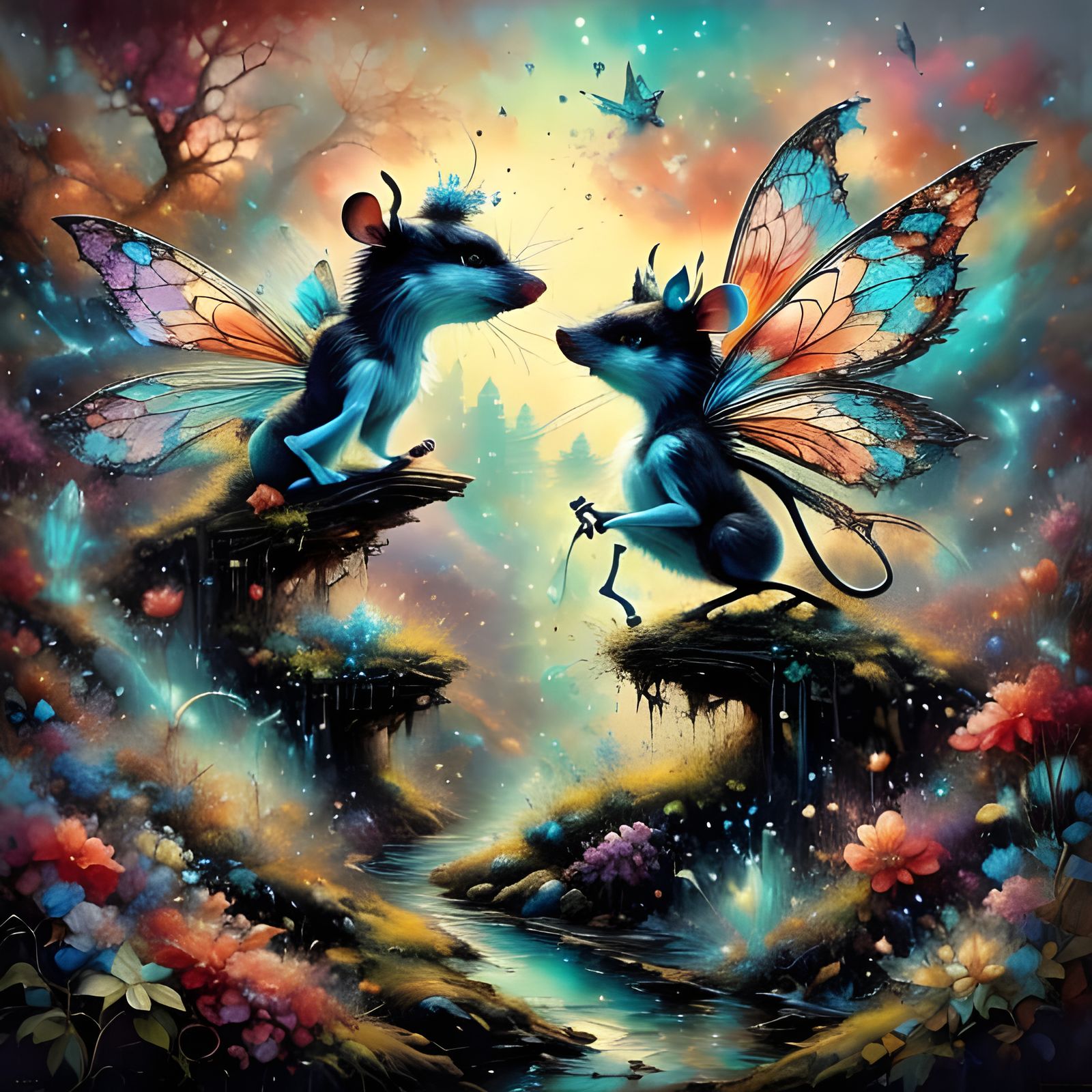 Ethereal Geisha Mice in Botanical Scenery