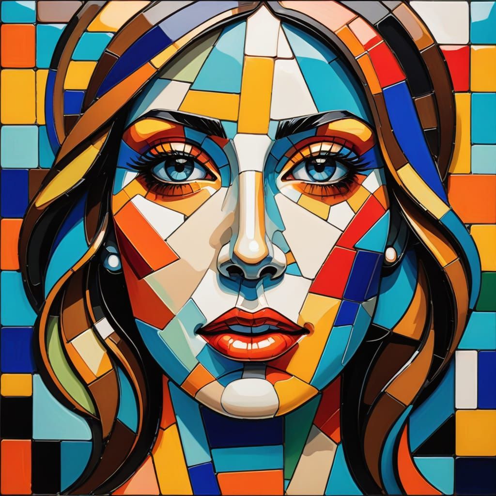 Cubist Mosaic: A Vibrant Geometric Feminine Face