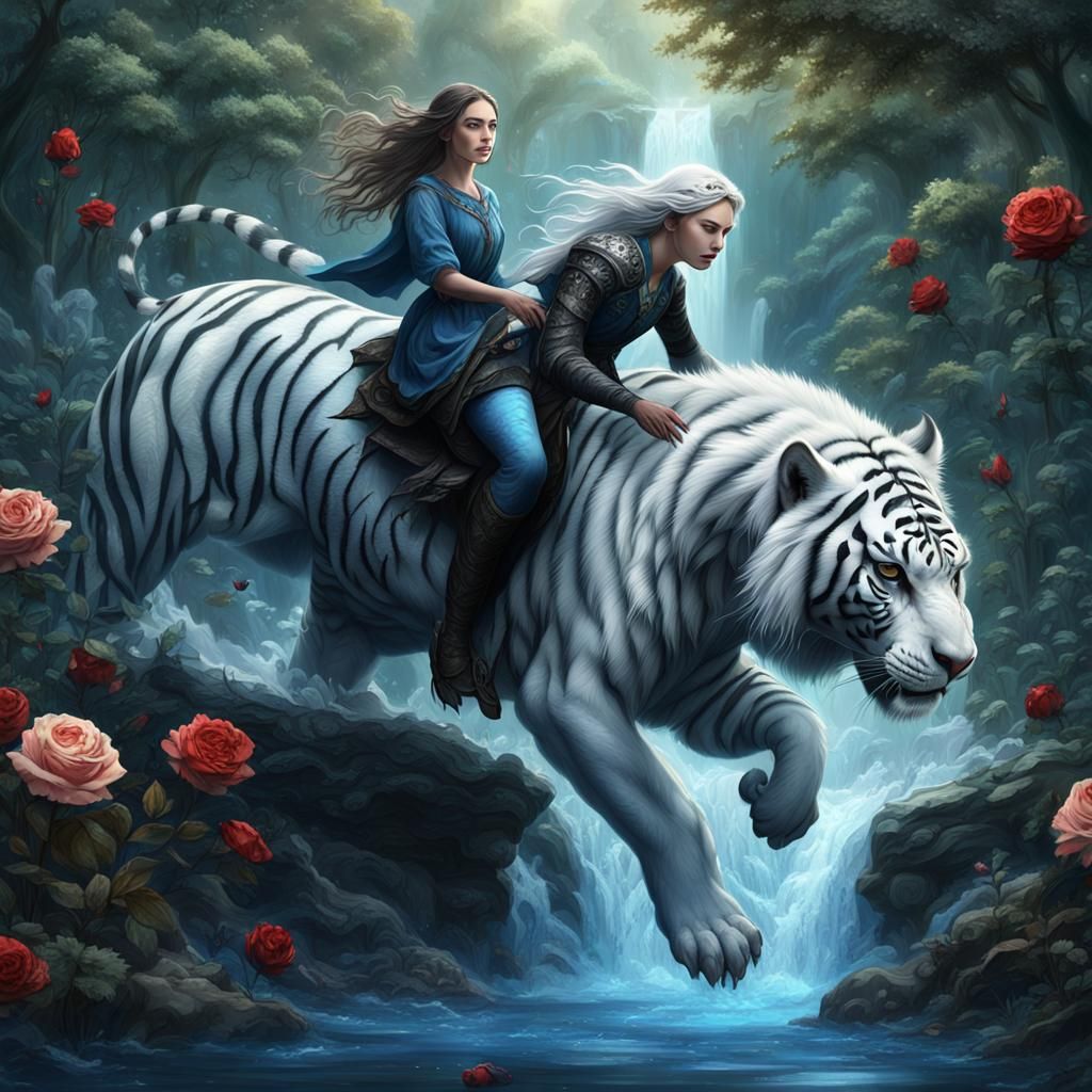 Fantasy Girl Riding White Tiger in Detailed Forest