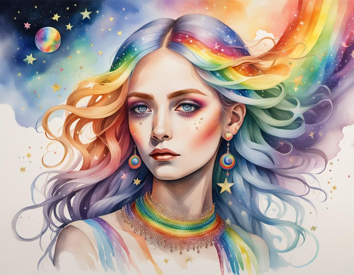Rainbow Woman in Watercolor Street Painting