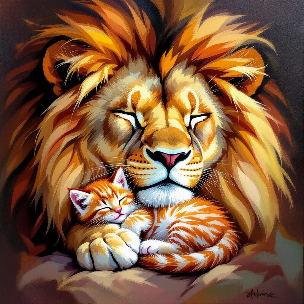 Kitten Sleeps in Lion's Mane: Surreal Oil Painting
