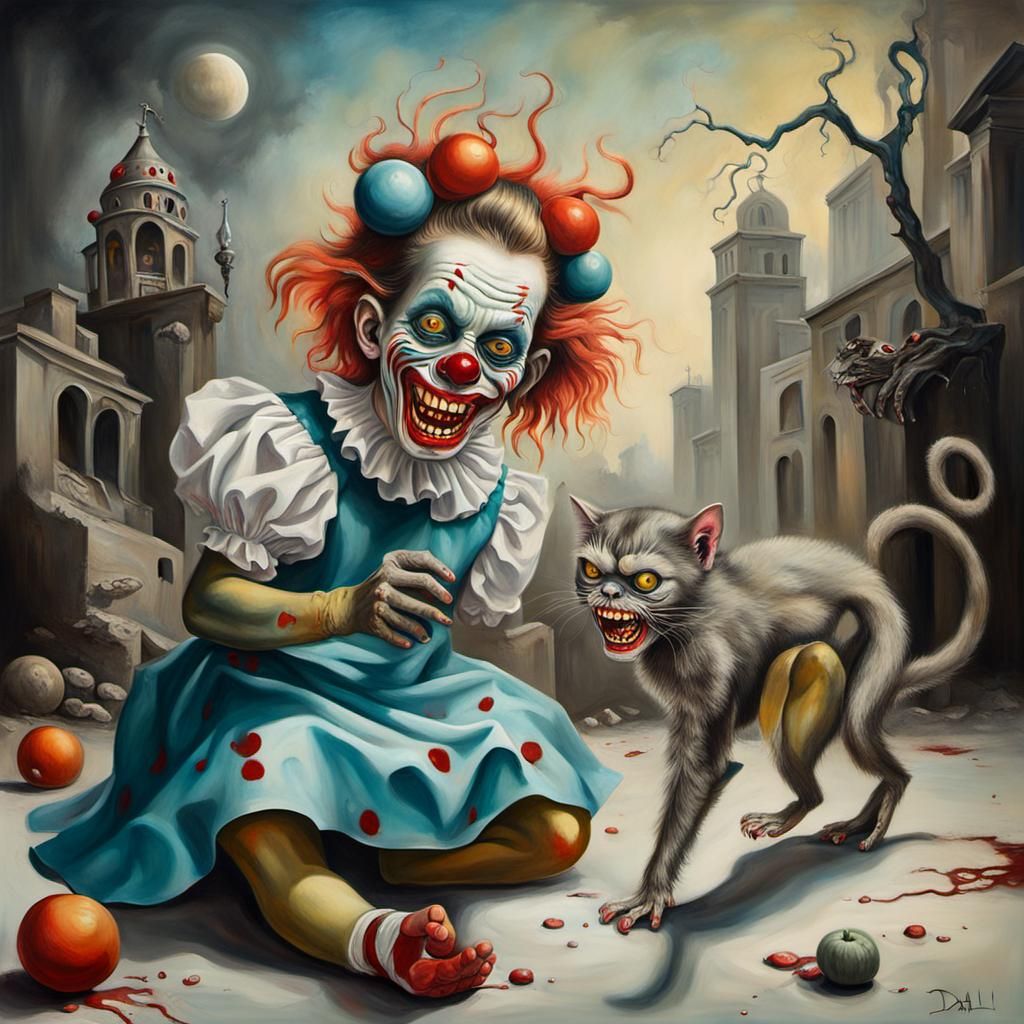 Surreal Zombie Clown Girl with Cat, Dali Style