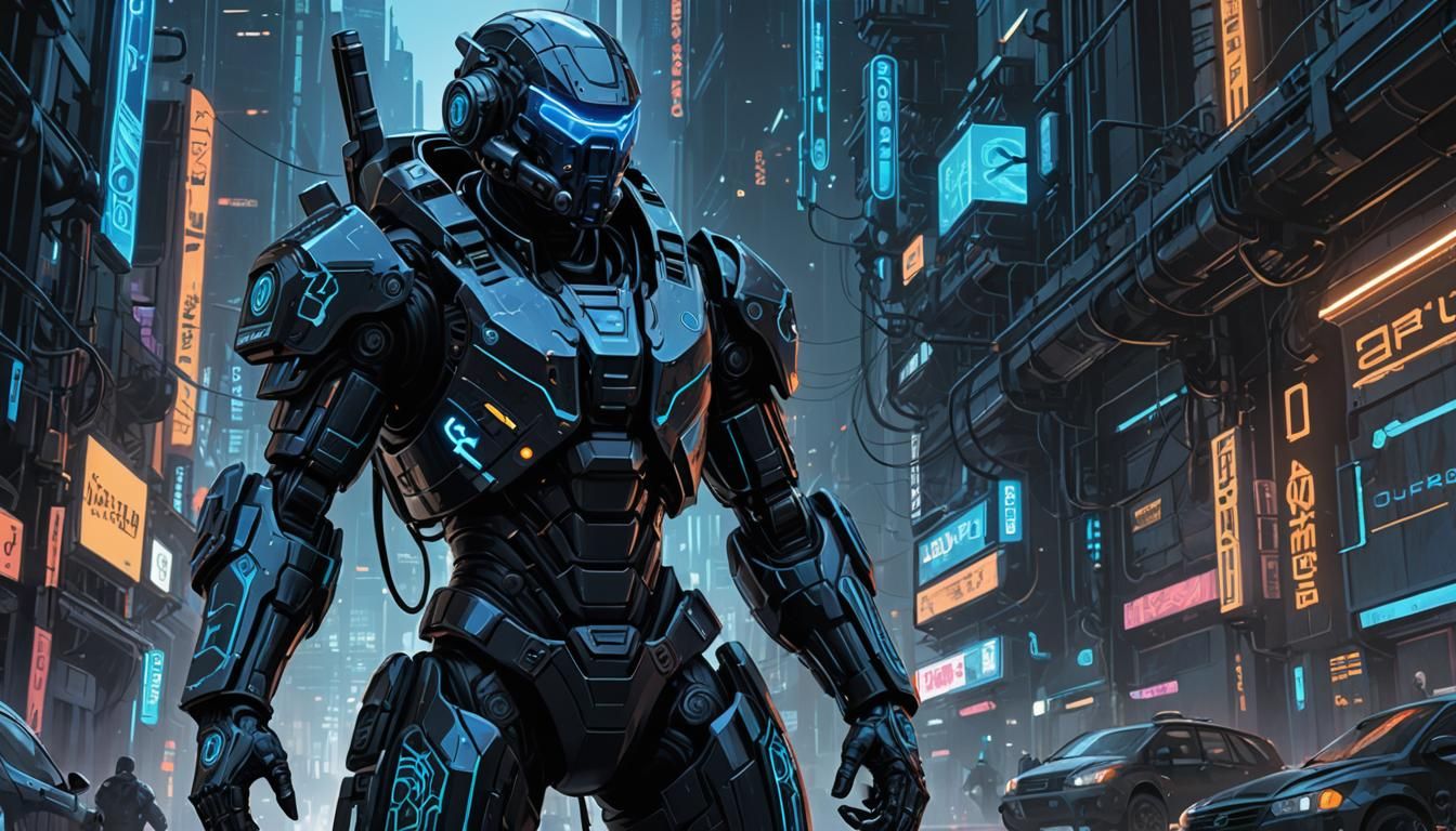 Cyberpunk Warrior in Exosuit with Energy Rifle