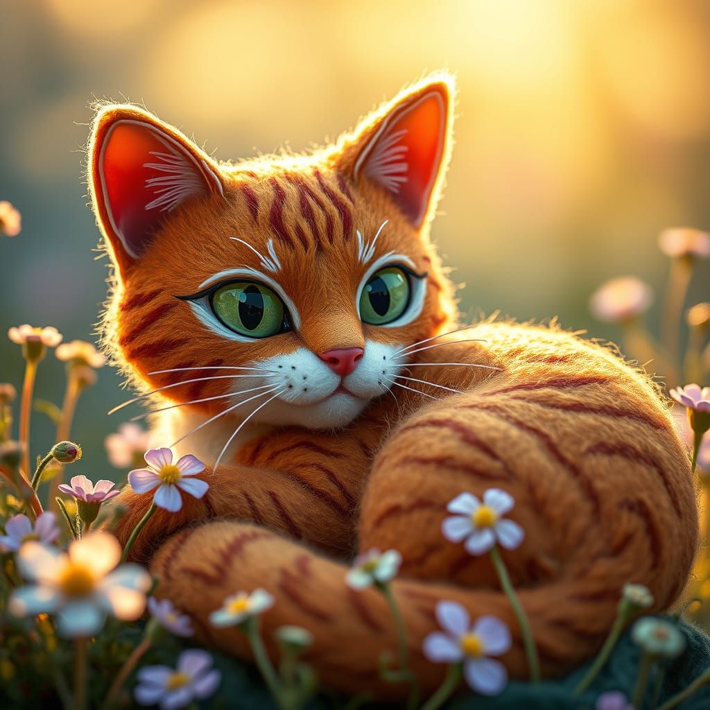 Felt Ginger Cat in Garden with Embroidered Details