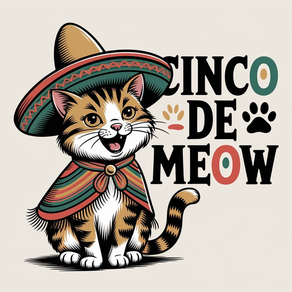 Whimsical Cat Celebrates Cinco De Mayo in Vintage Style