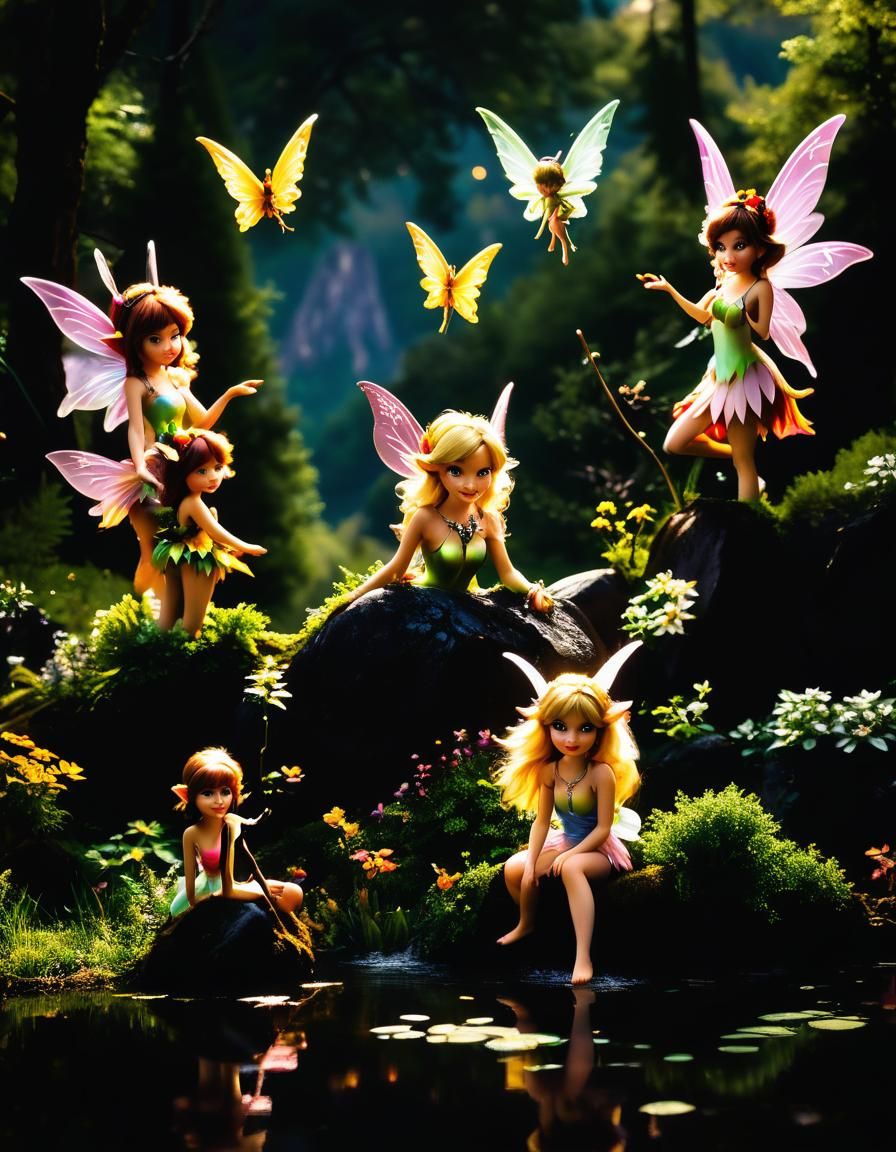(PROFESSIONAL PHOTOGRAPHY BOKEH SHARP FOCUS CLOSEUP OF BEAUTIFUL MAGICAL MISCHIEVOUSLY SMIRKING FAIRIES OF MAGICAL MYSTI...