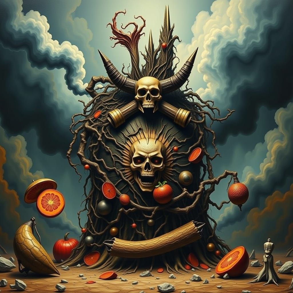Surreal Giants Devour Massive Feast in Heavy Metal Landscape