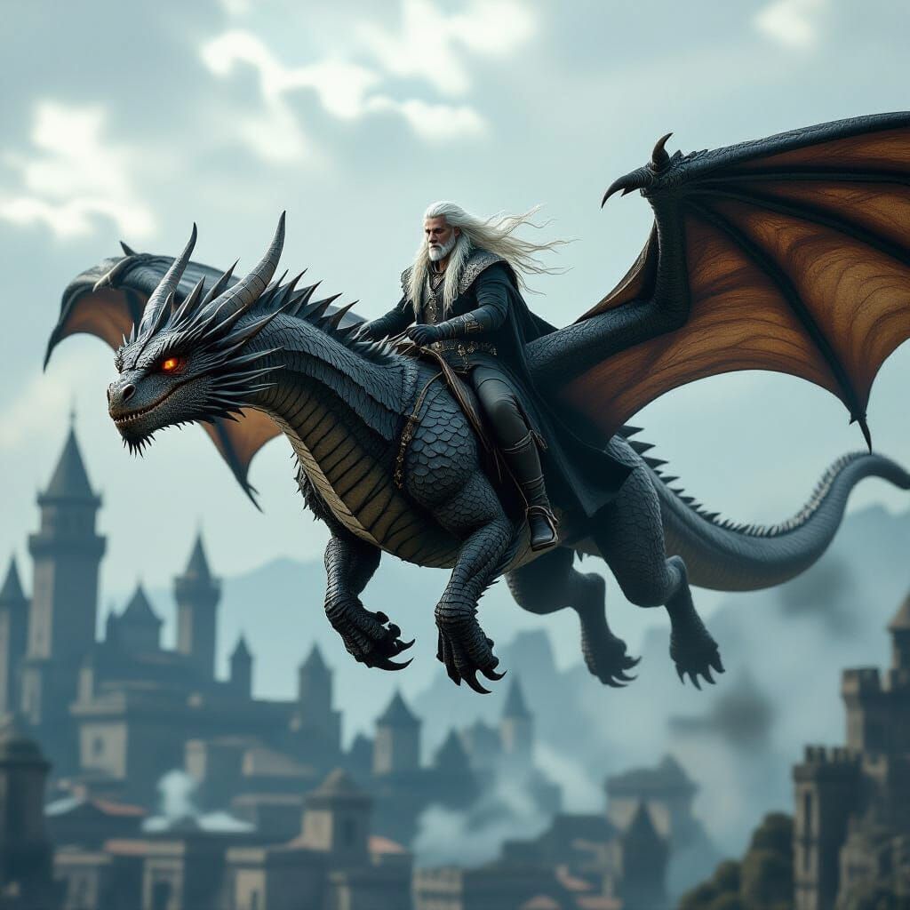 Epic Fantasy Dragon Rider Soars Over Ancient City
