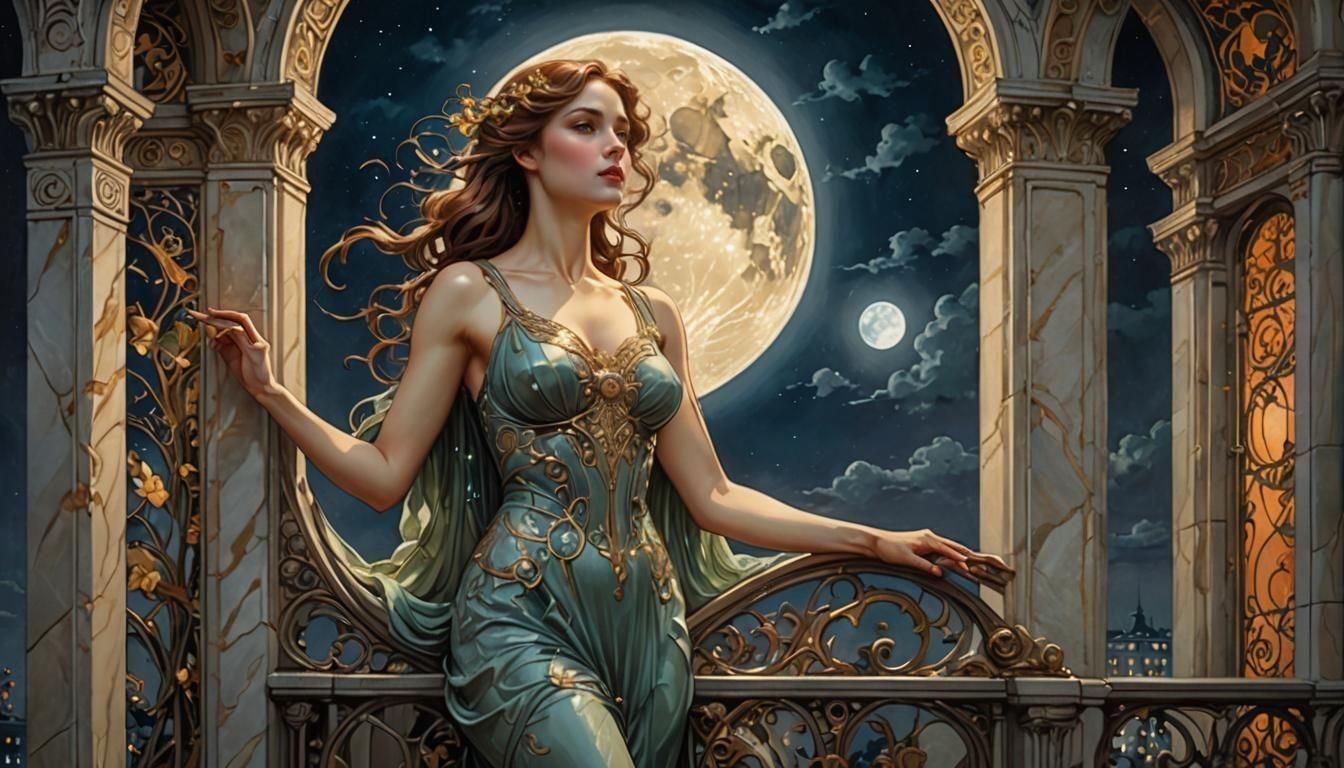 Moonlit Art Nouveau Woman in Wedding Dress