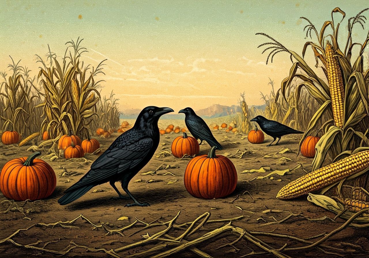 Crows in Autumn Field: Vintage Postcard Style
