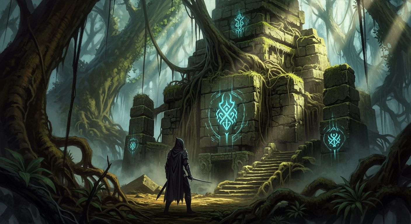 Elven Warrior Explores Glowing Jungle Ruins