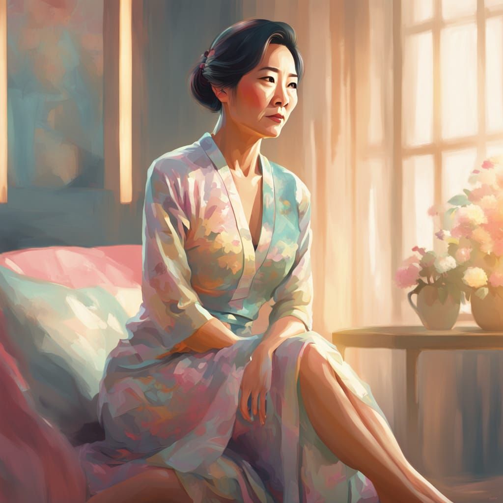 Mature Asian Woman Portrait in Digital Pastel Art