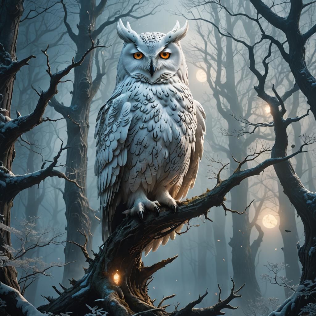 Giant Antlered Owl Spirit in Misty Forest