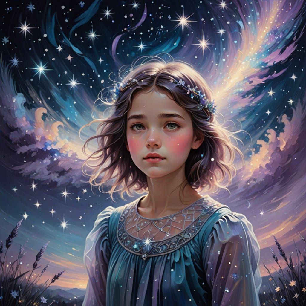 Whimsical Celestial Girl in a Starry Night Sky