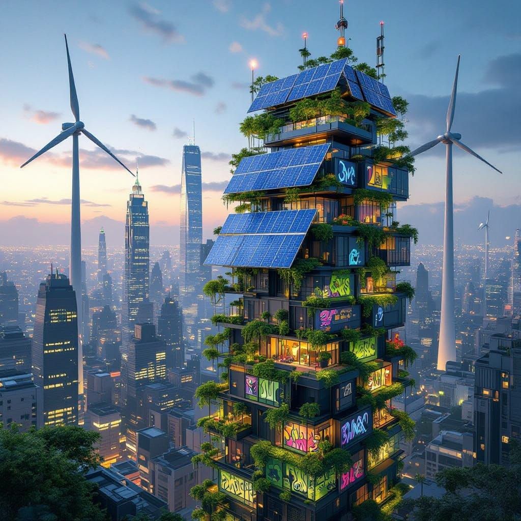 Surreal Futuristic Rooftop Garden City at Twilight