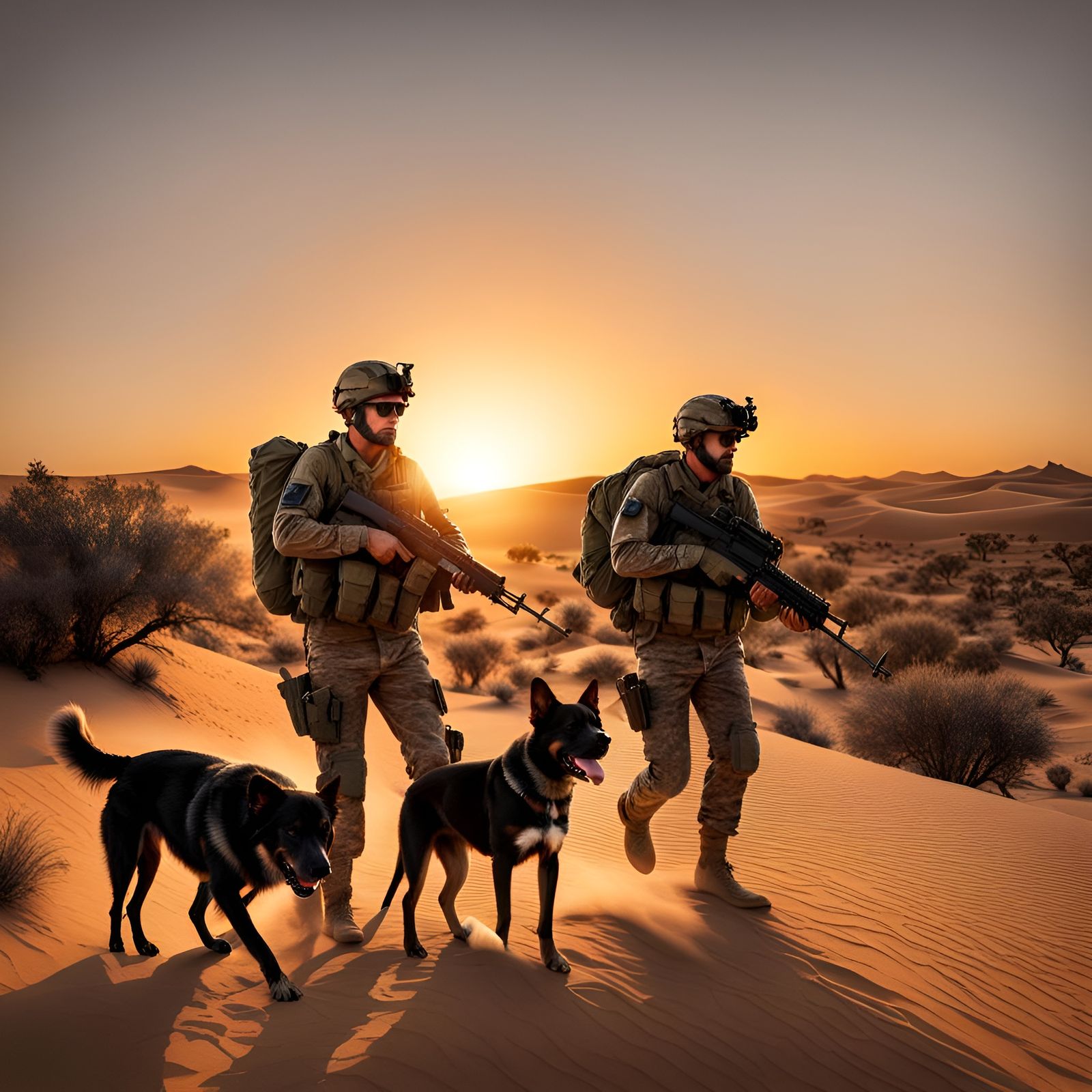 Australian Soldiers Patrol Desert with Dog at Sundown