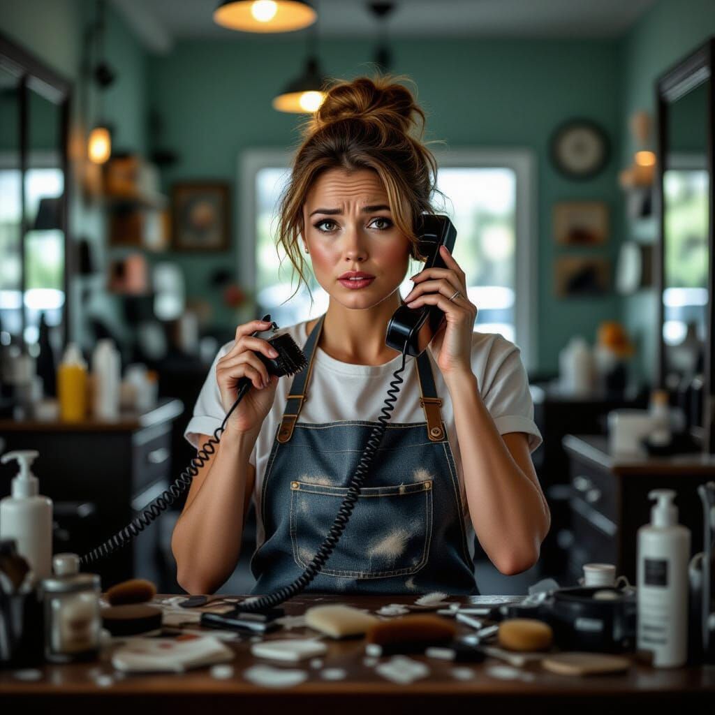Stressed Salon Owner Answers Vintage Phone in Chaotic Scene