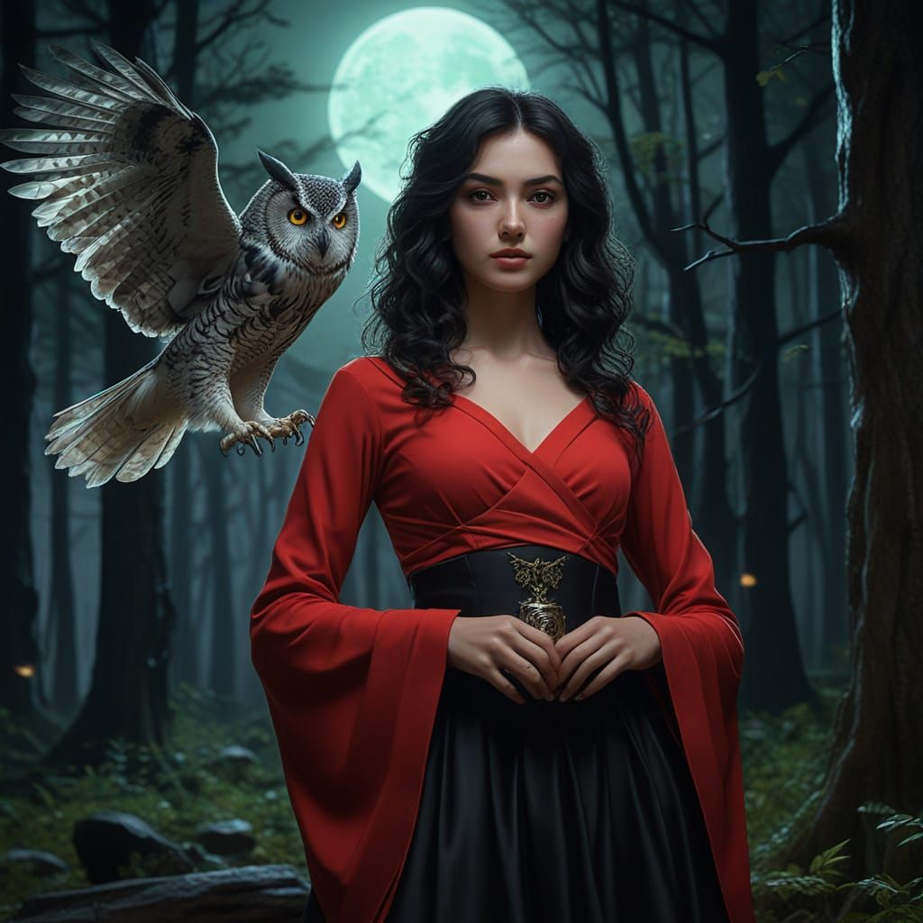 Ethereal Woman with Ghost Owl in Moonlight Forest