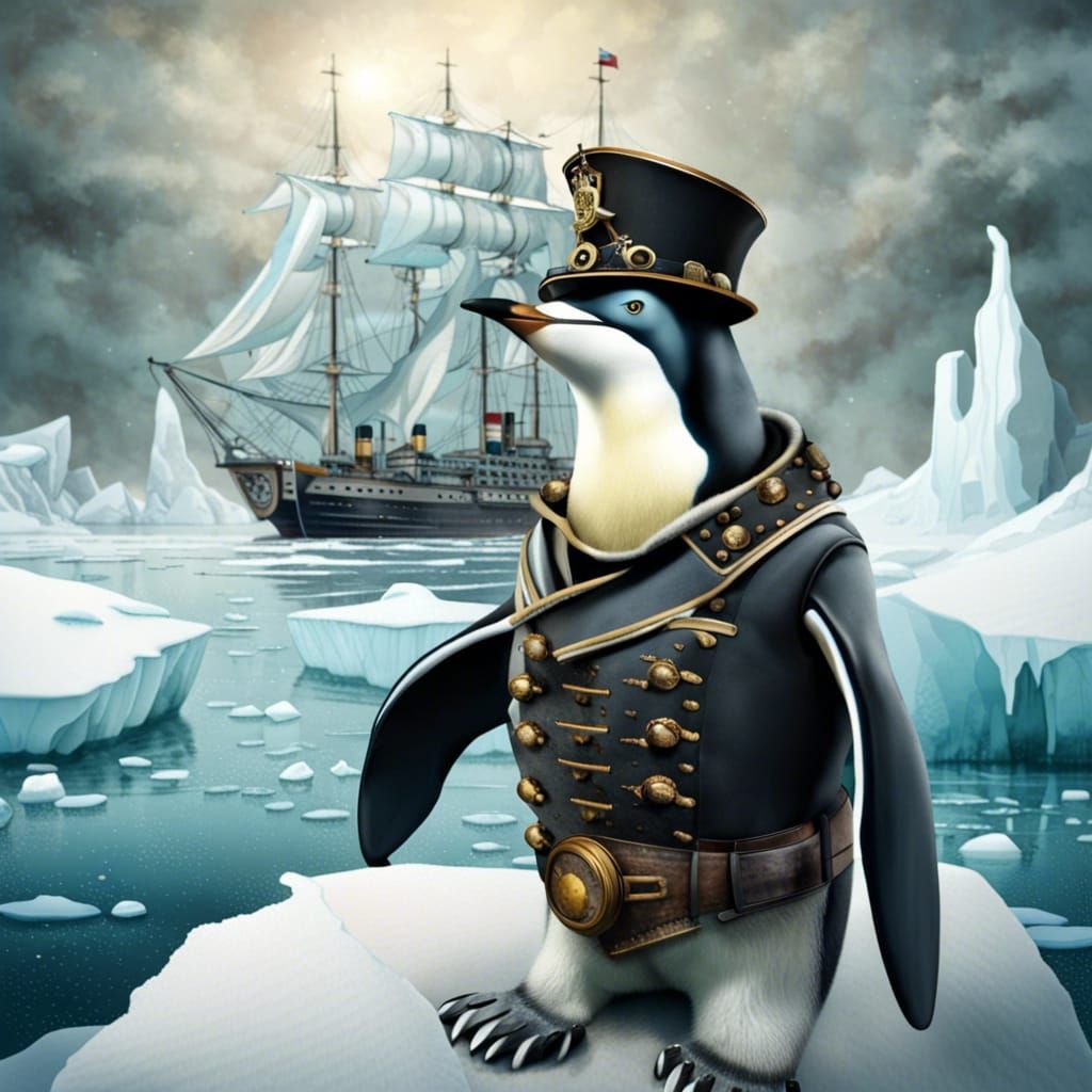 Penguin Captain Commands Ice Ship with Steampunk Engine