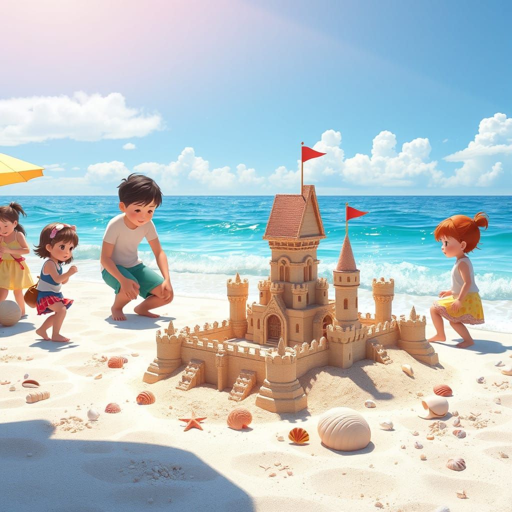 Vibrant Beach Scene with Intricate Sandcastles and Playful C...