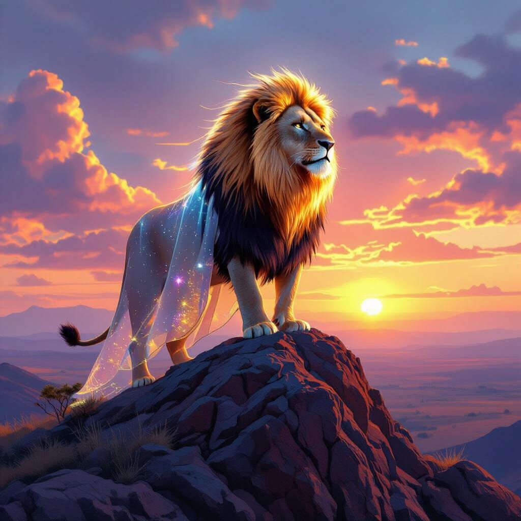 Lion with Luminous Mane at Sunset, Hyperrealistic Style
