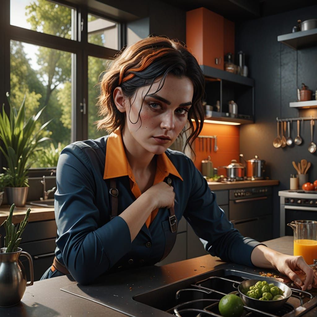 Surreal Bauhaus Kitchen Scene in Hyperrealistic Style