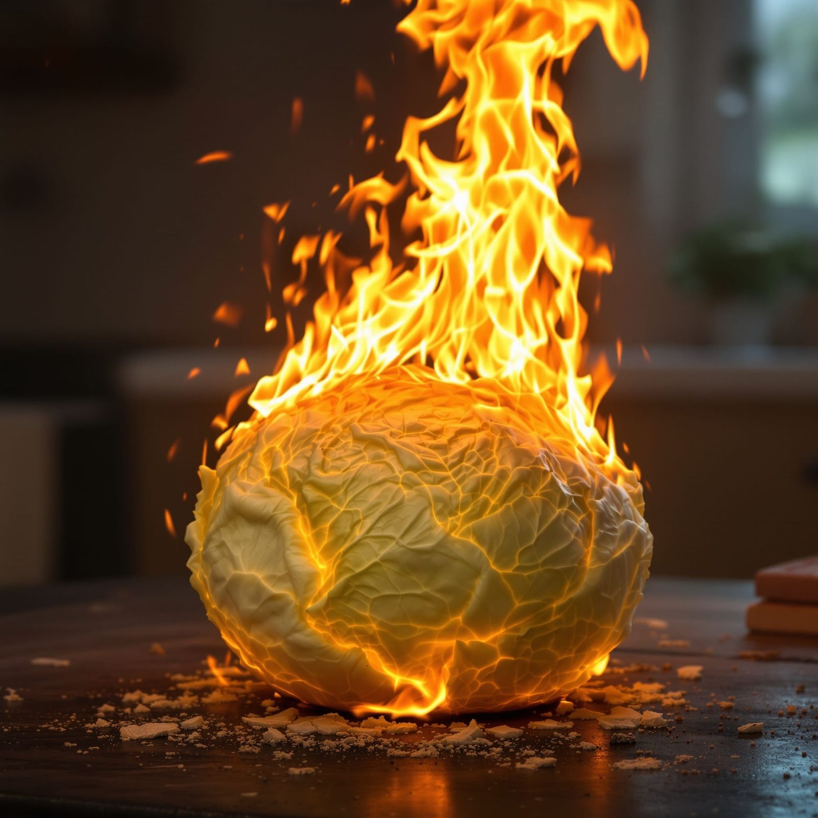 A head of cabbage burning