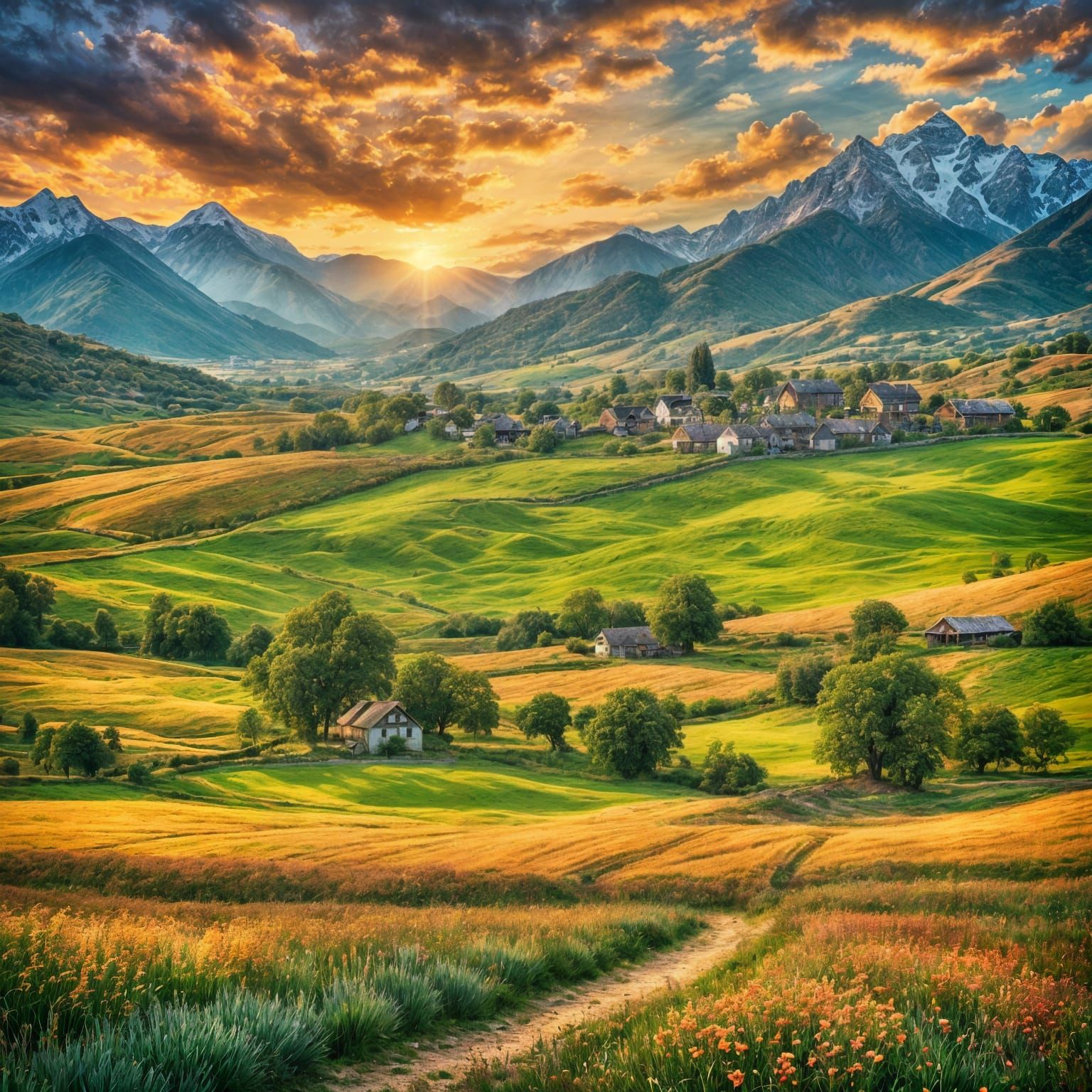 Romantic Village Landscape in Renaissance Oil Painting Style