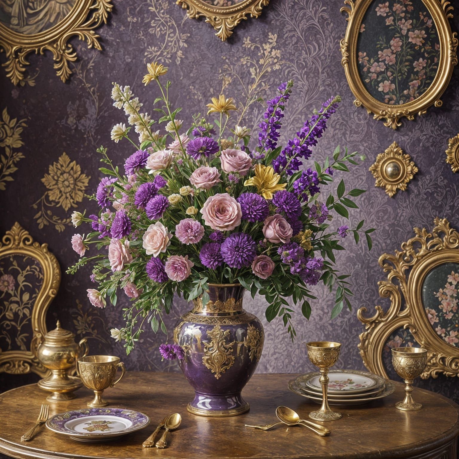 Elegant Still Life of Flowers and Gold Cutlery in Ornate Pur...