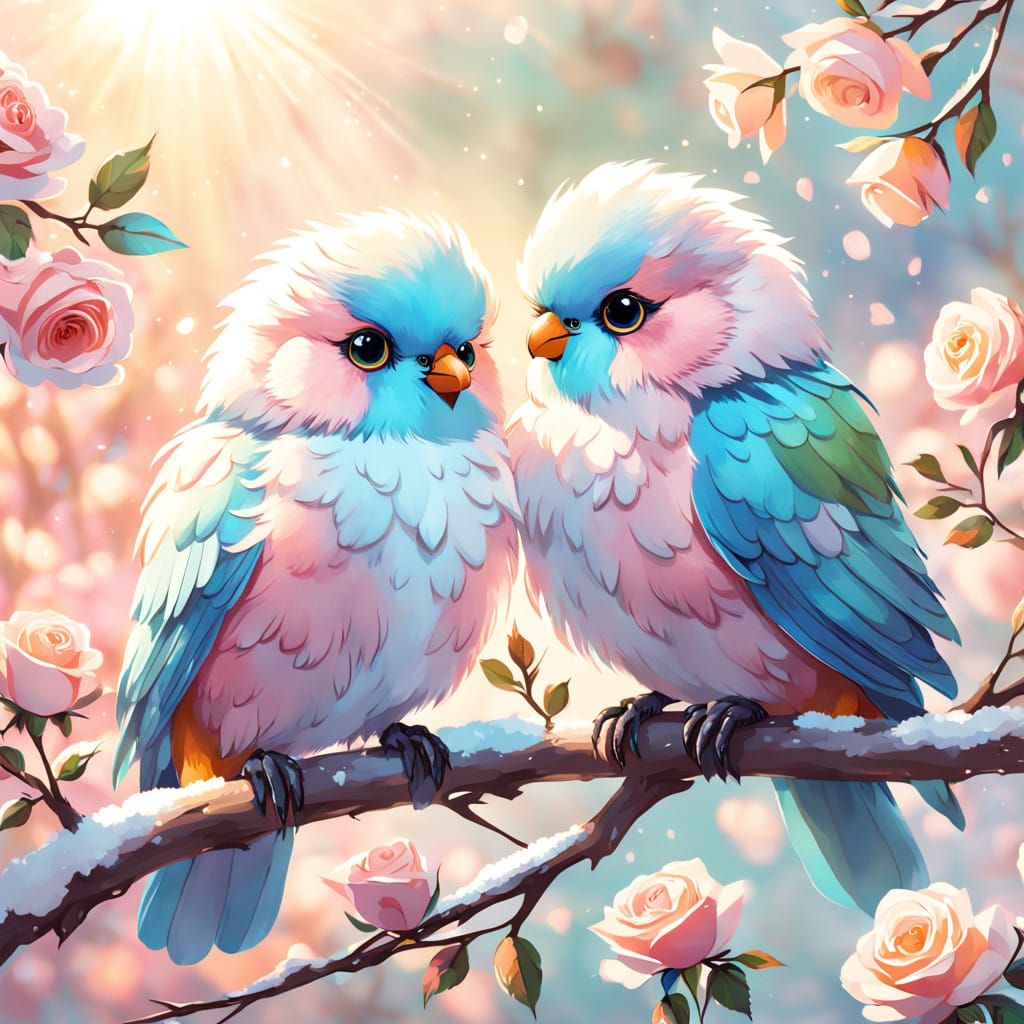 Whimsical Birds on a Blooming Branch in Soft Pastel Colors