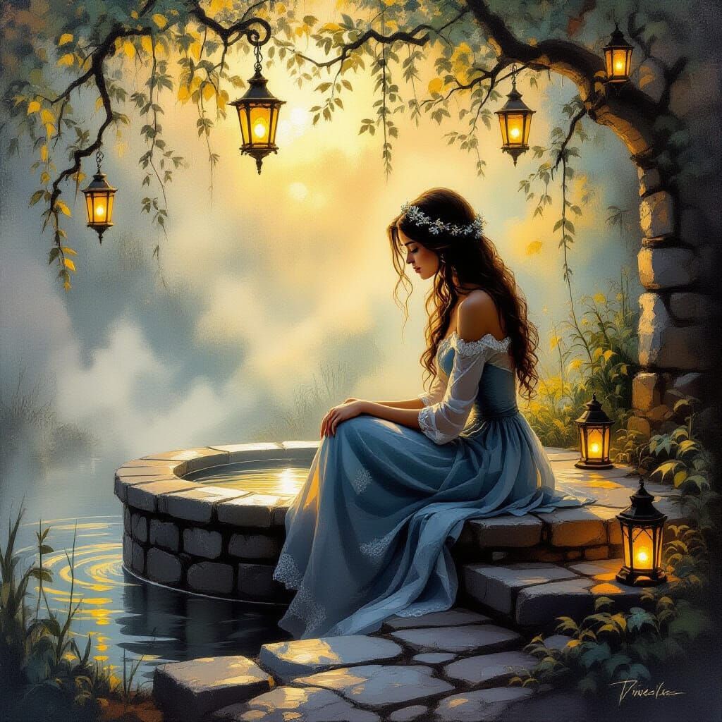 Princess at Misty Well: Charcoal and Gouache Drawing