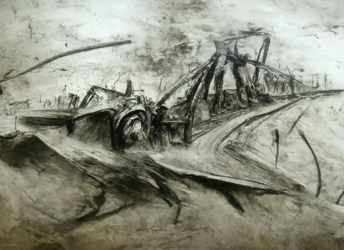 Warmachines Roar Down Fractured Offramp: Charcoal Drawing