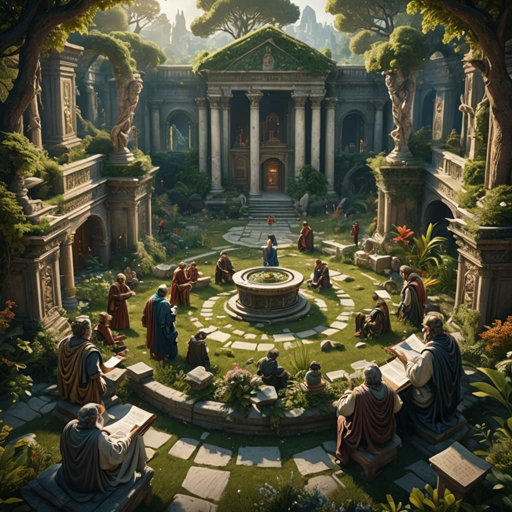 the serene atmosphere of an philosophers engaged in lively debates amidst the tranquil gardens of Plato's Academy, surro...