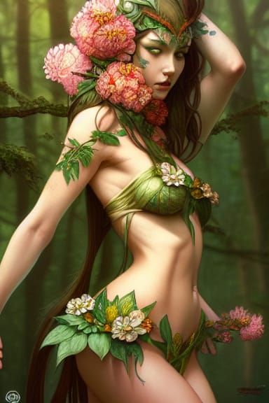 Hyperrealistic Forest Elf with Floral Fashion