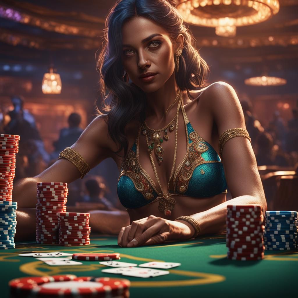 Woman at Poker Game: Detailed Matte Painting