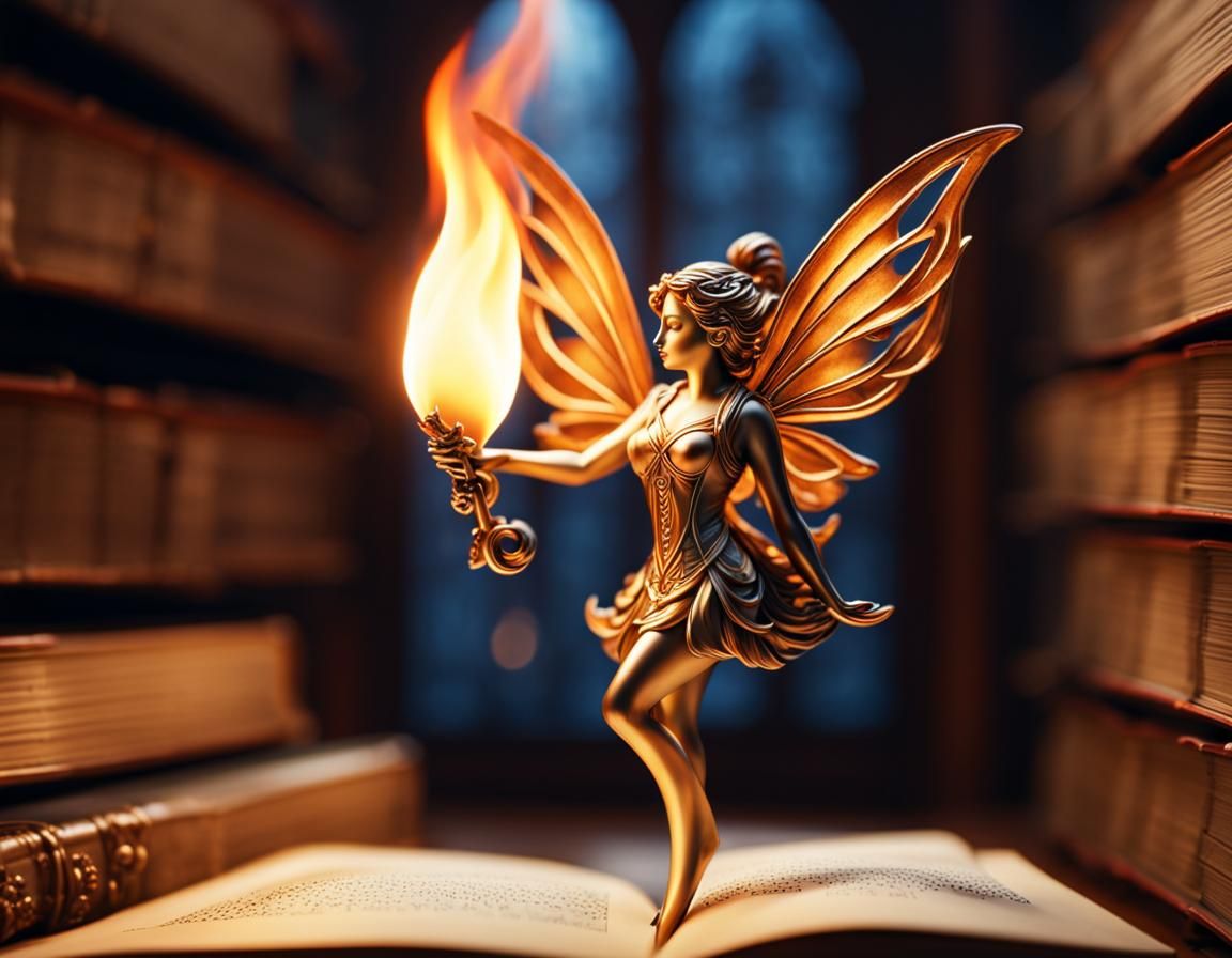 Fairy Flame in Ancient Library, Fantasy Art