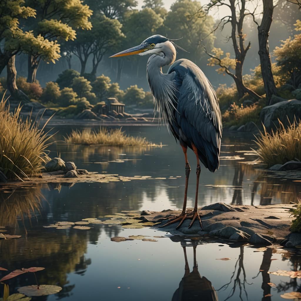 Heron by Lake: Detailed Matte Painting