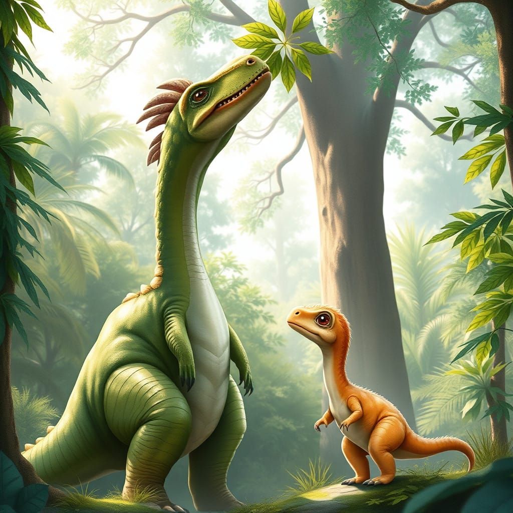 Gentle Vegetarian Dinosaur Plucks Leaf in Whimsical Forest S...