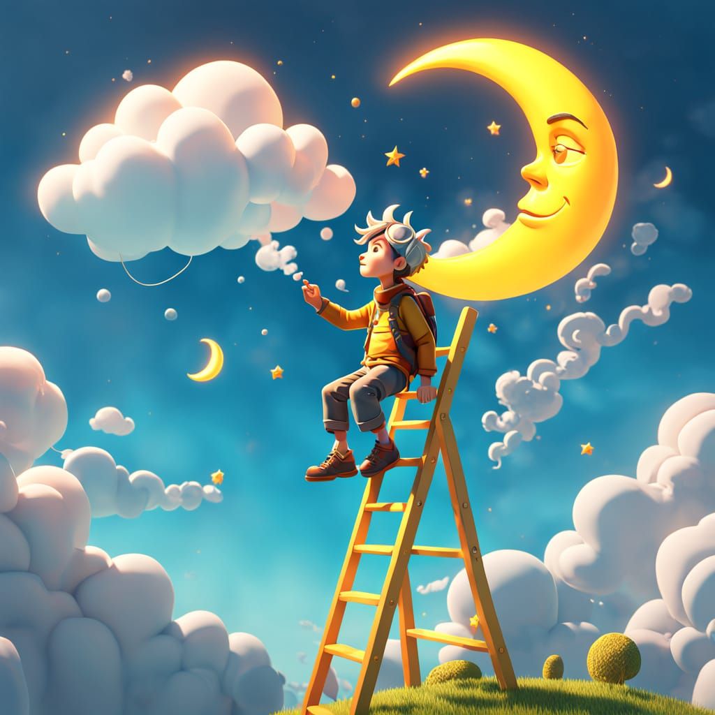 Funny Man Inflates Clouds on Ladder Under Half Moon