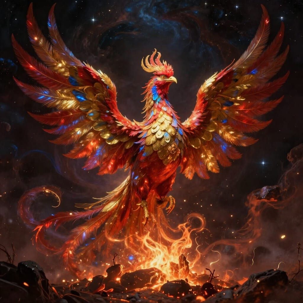 Majestic Phoenix Rises From Embers in Cosmic Nebula