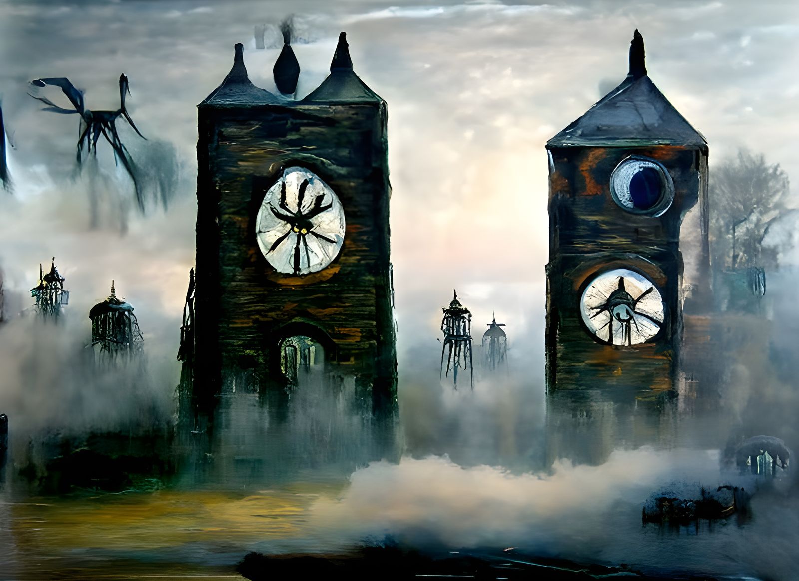 Ominous Clock Towers in Mist, Tim Burton Style