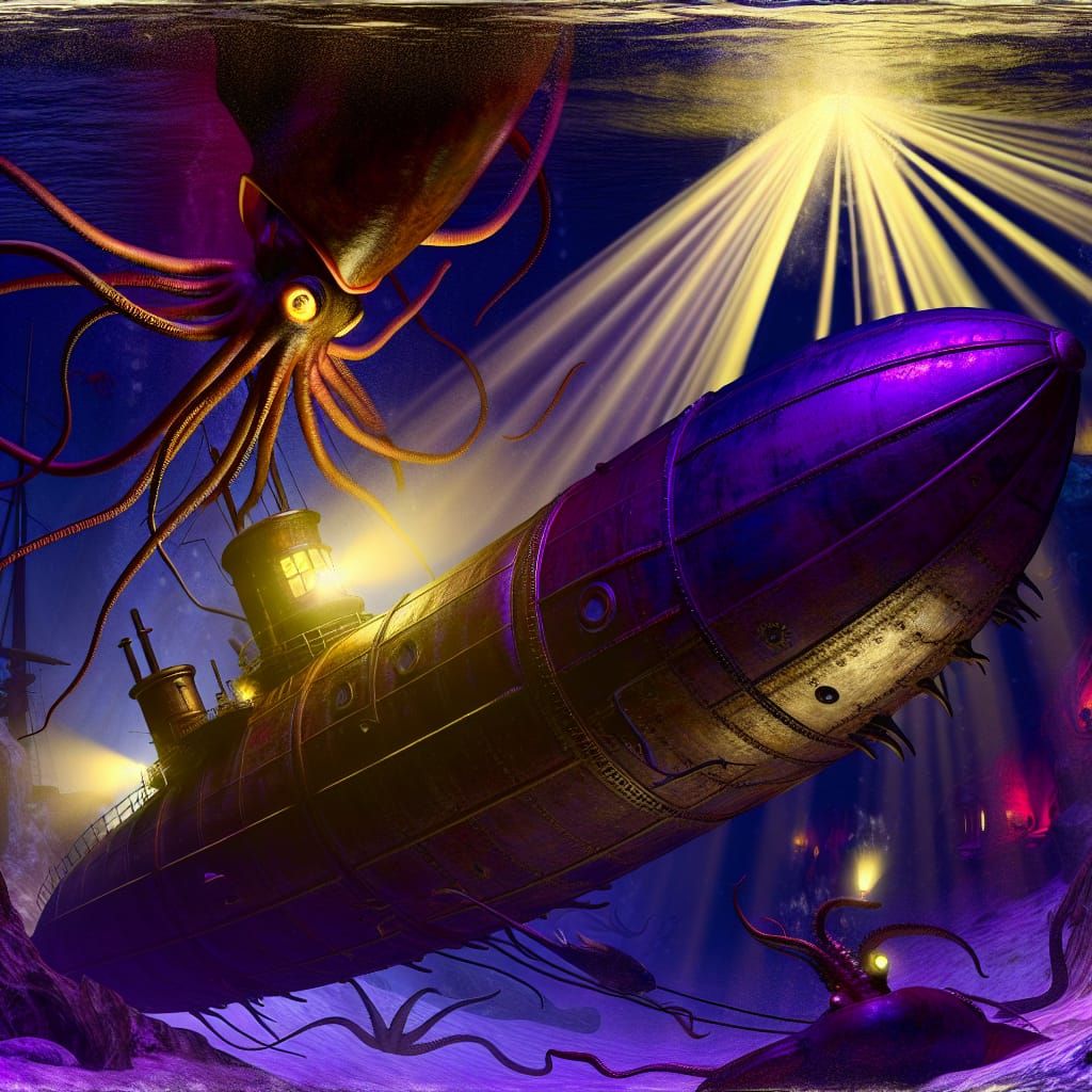 Giant Squid Attacks the Nautilus: Dark Fantasy Illustration