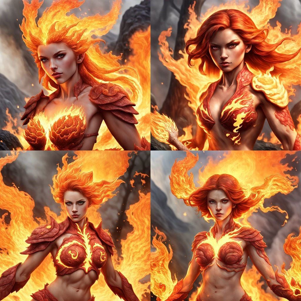 Striking Female Fire Elemental in Fantasy Style