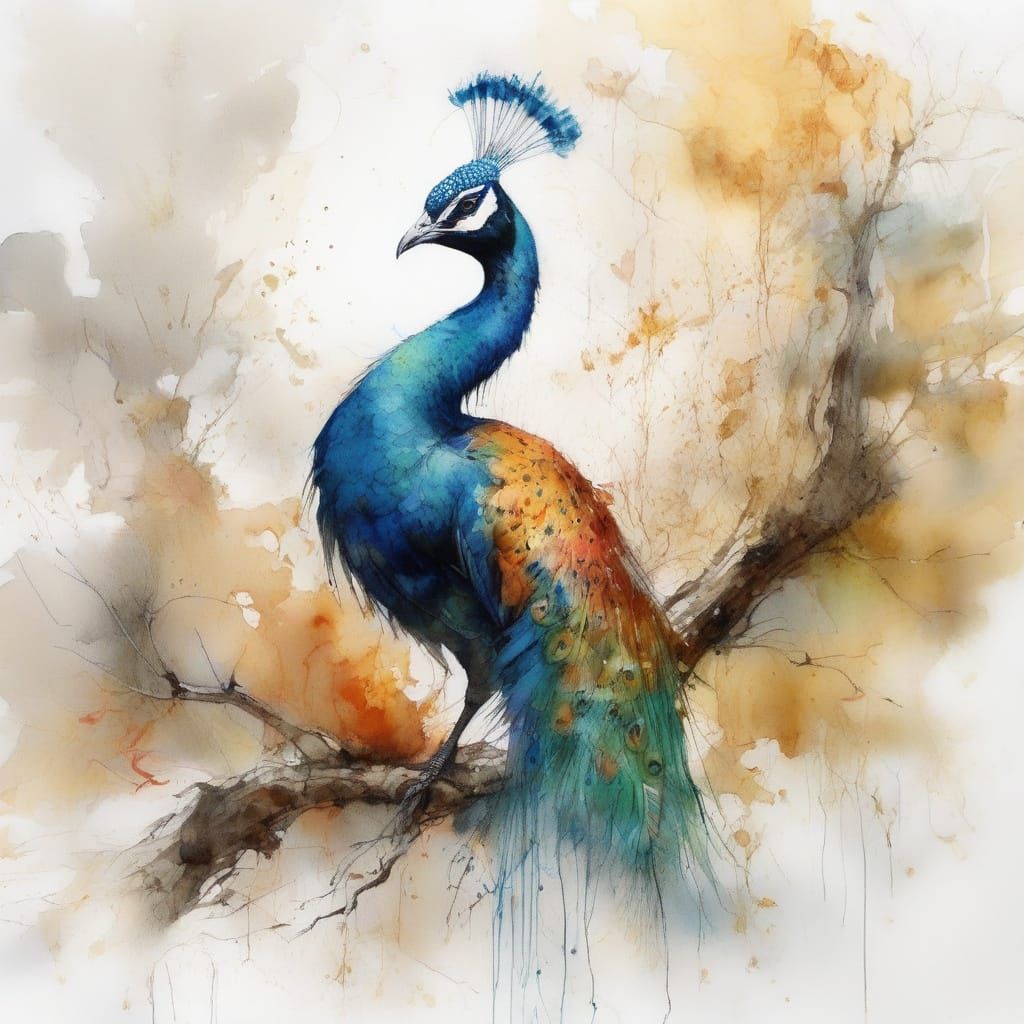 Vibrant Mediterranean Courtyard with Majestic Peacock