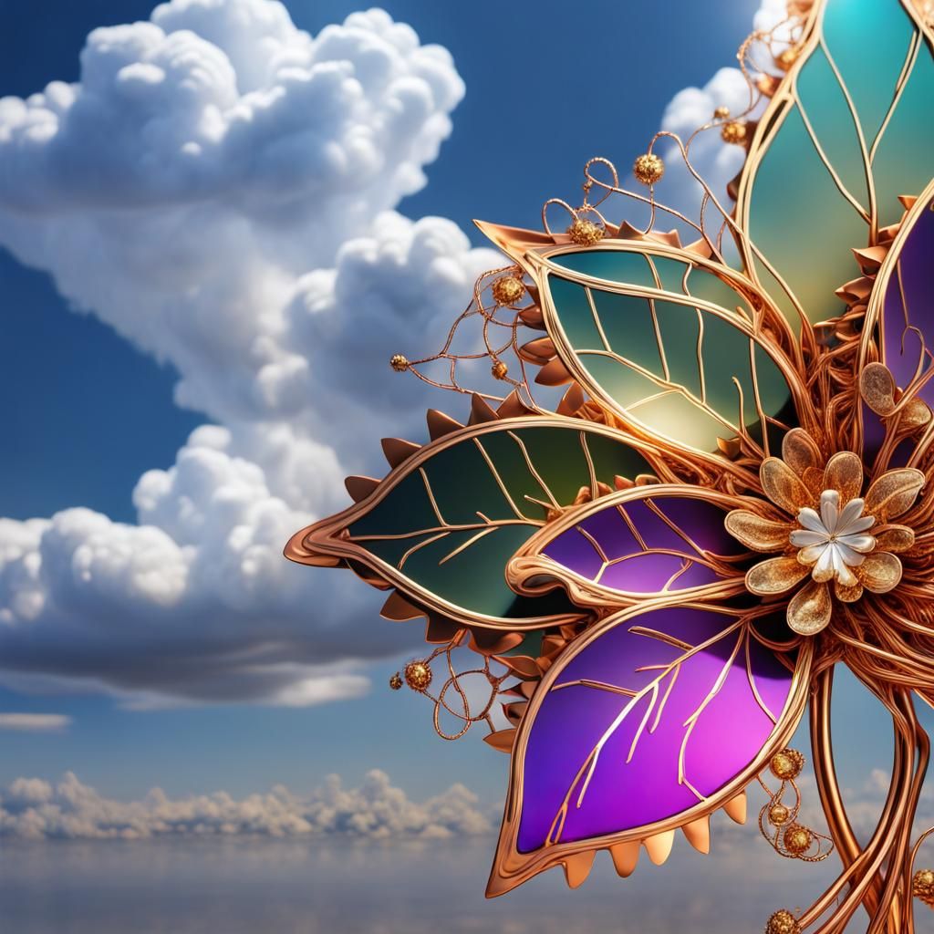 Golden Flower with Copper Leaves, Modern Art