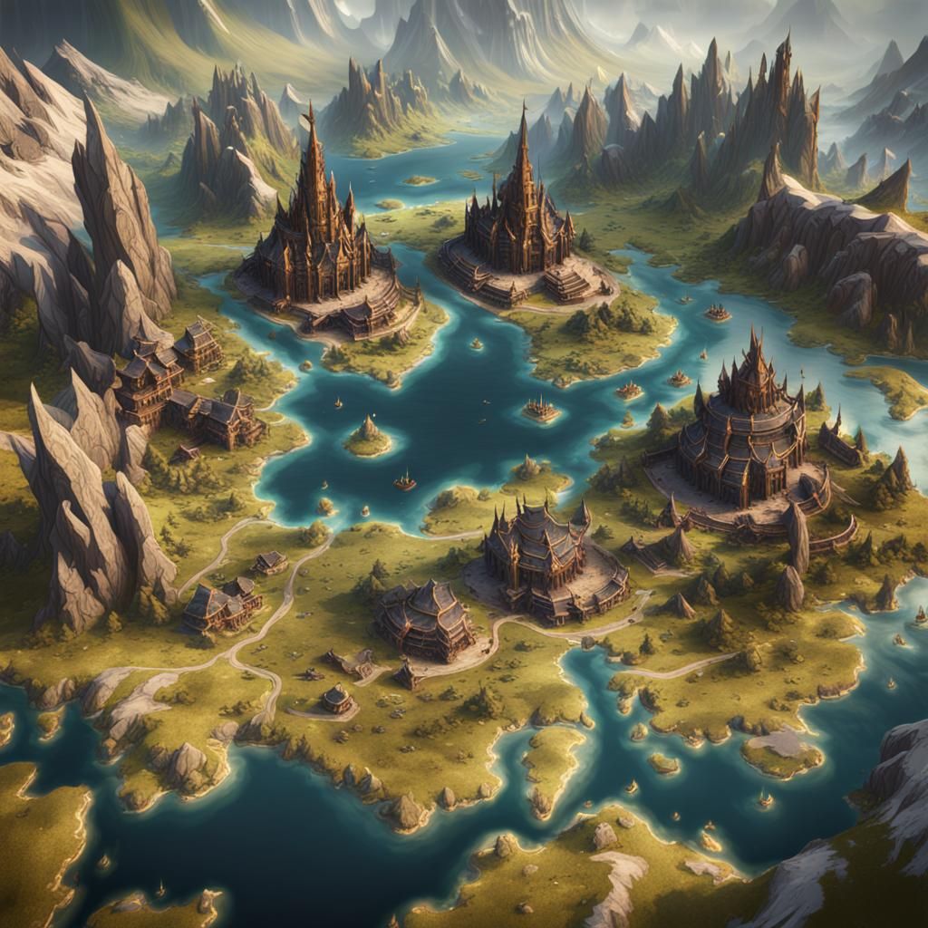 Detailed DND World Map in Matte Painting Style