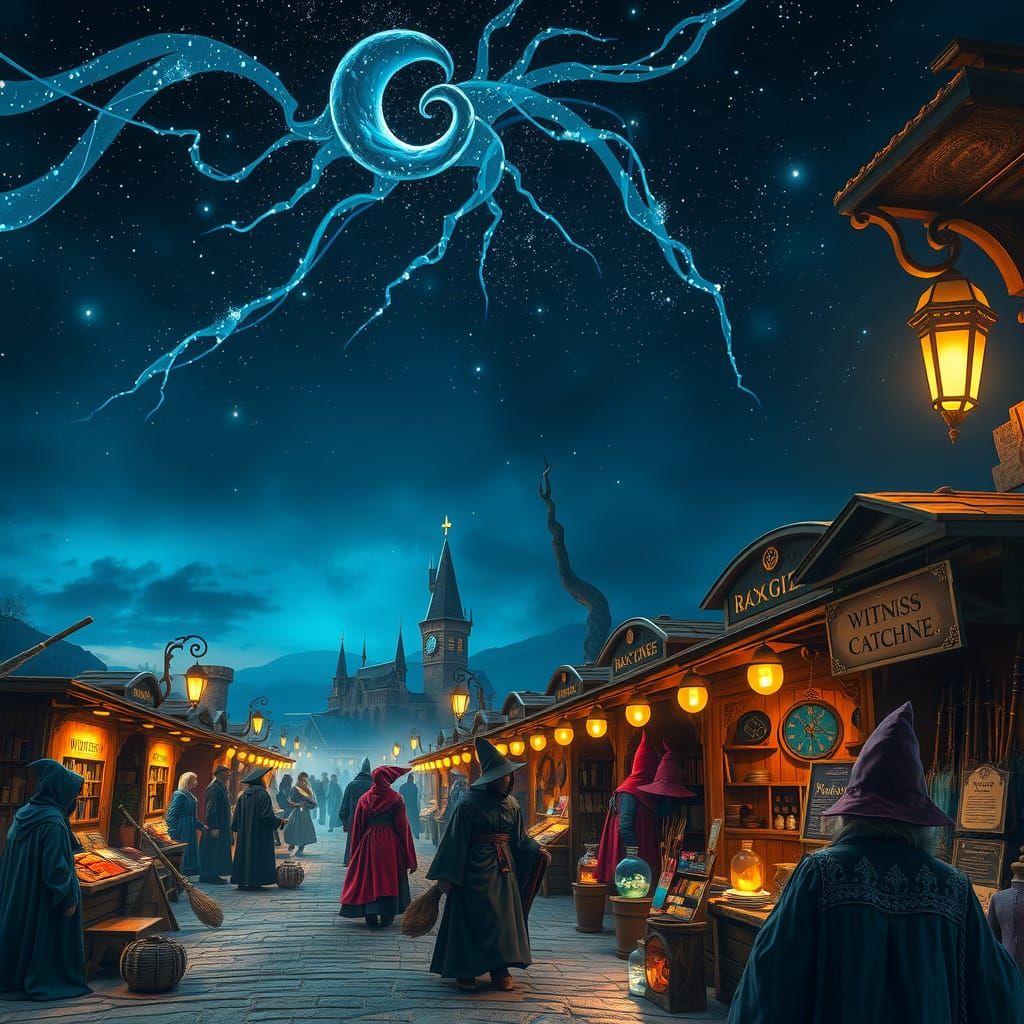Whimsical Wizarding Bazaar Under Starry Skies
