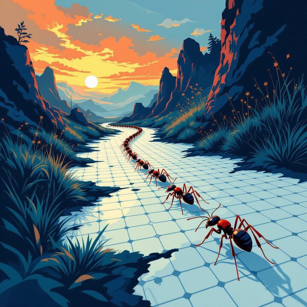Ants on Graph Paper in Detailed Matte Painting Style