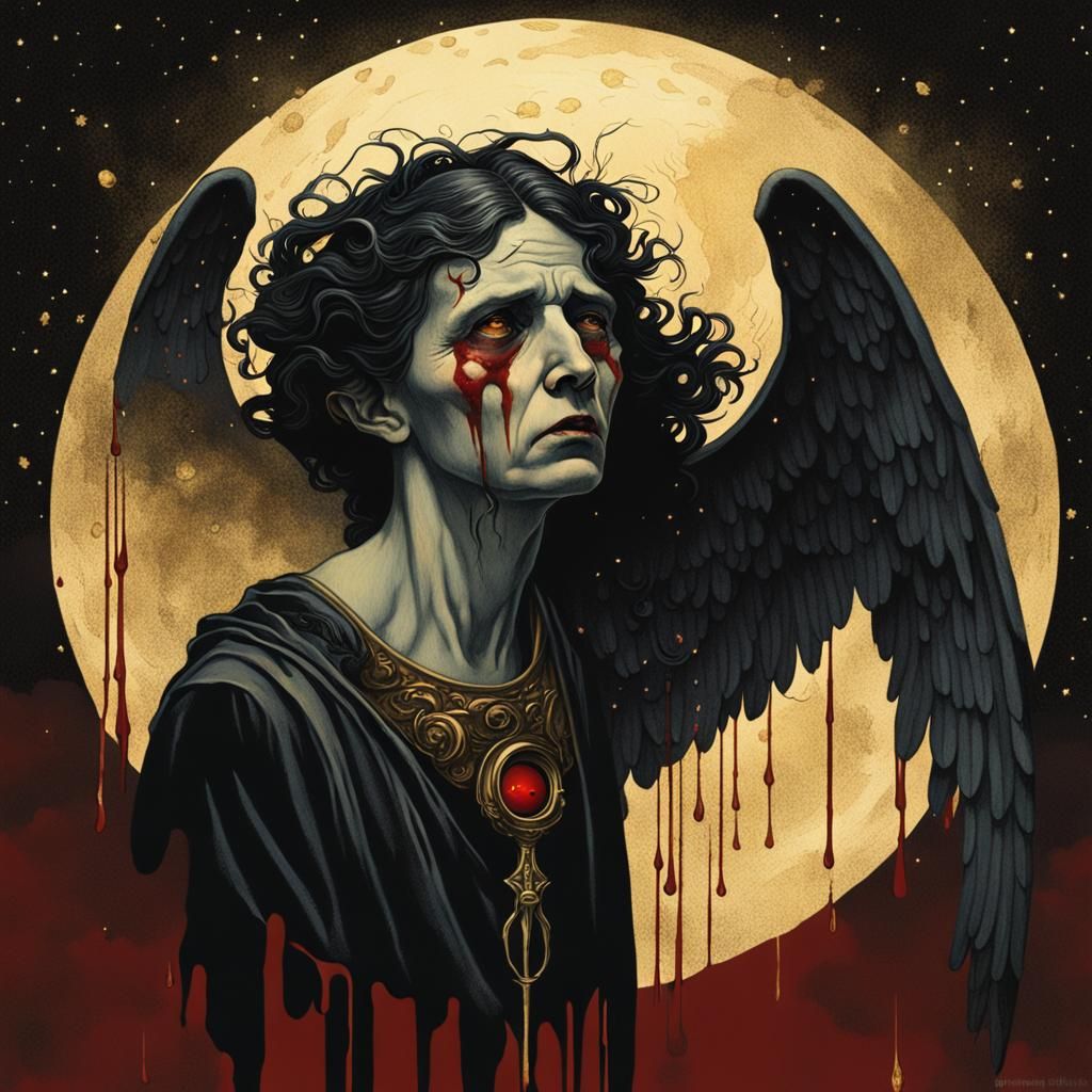 A hauntingly beautiful Norman Rockwell-style illustration of a dark angel, portrayed with a blood-dripping eclipse halo....