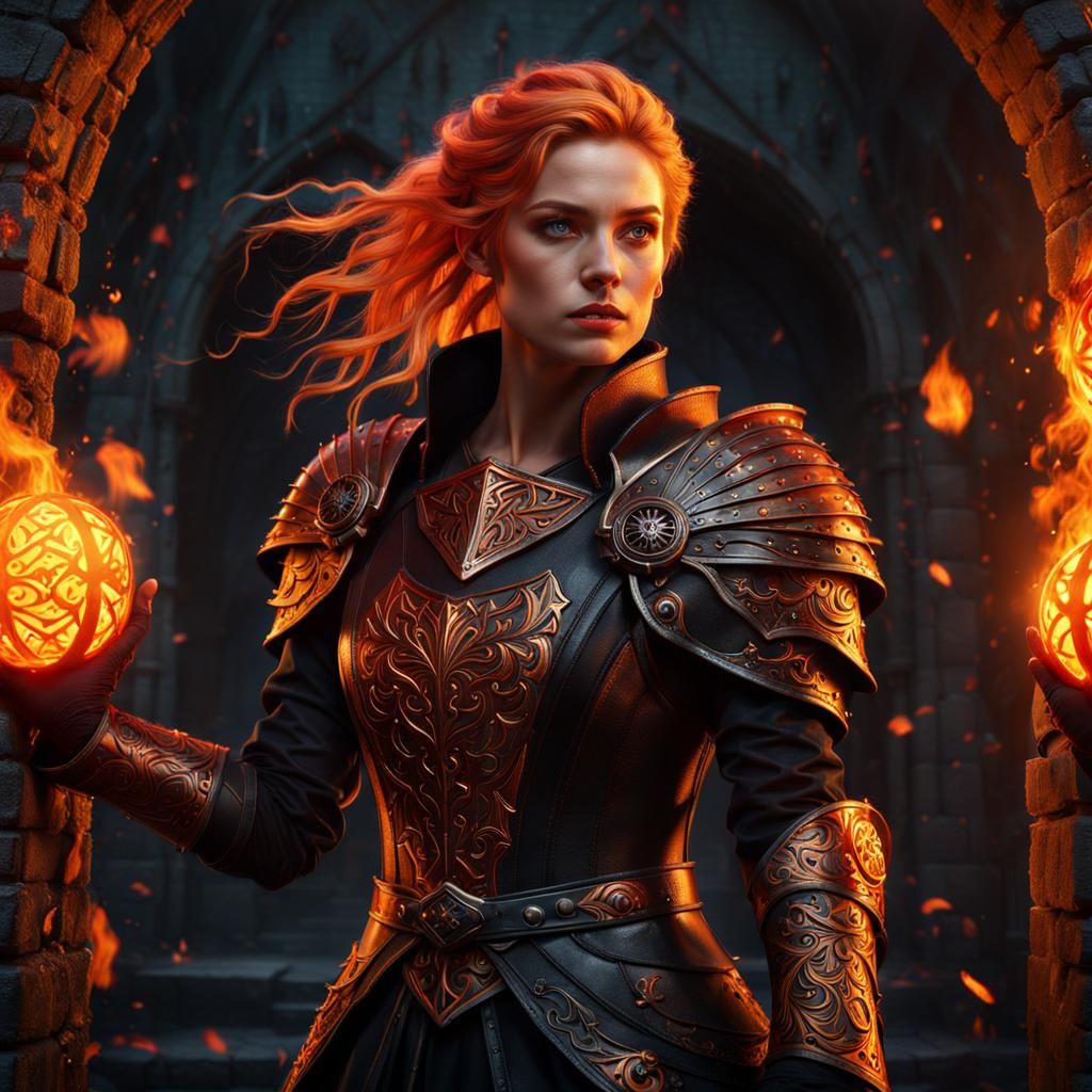 Ravishing Witch with Fiery Hair Exploring a Dungeon